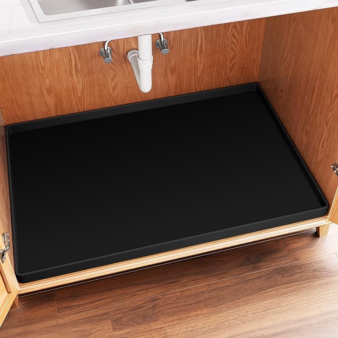 FLATO Waterproof Under Sink Mat 34" x 22" Shelf Liner for Kitchen and Bathroom, Cabinet Protector, Organizers and Storage, Flexible Silicone Drip Tray