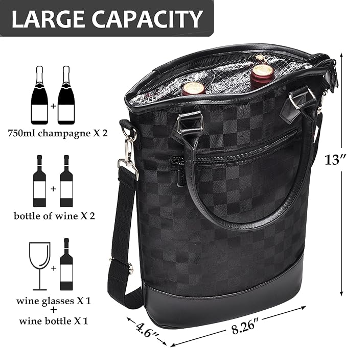 Tirrinia Insulated Wine Gift Carrier Tote - Travel Padded 2 Bottle Wine/Champagne Cooler Bag for Portable Wine Bottle Carrying Case, Women Men Wine Party Bag for Event,BYOB,Beach, Gift for Wine