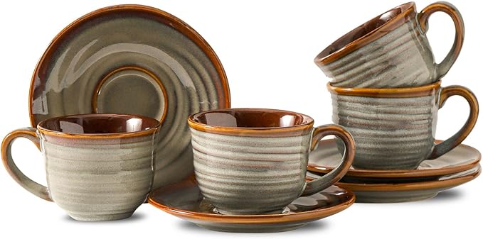 Ceramic Espresso Cups with Saucers 8 Oz,Set of 4 Cappuccino Mug with Handle for Coffee,Tea,Latte and Macchiato,Porcelain Demitasse Cups Set for Kitchen and Cafe,Christmas Gift,Brown