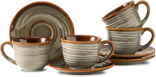 Ceramic Espresso Cups with Saucers 8 Oz,Set of 4 Cappuccino Mug with Handle for Coffee,Tea,Latte and Macchiato,Porcelain Demitasse Cups Set for Kitchen and Cafe,Christmas Gift,Brown