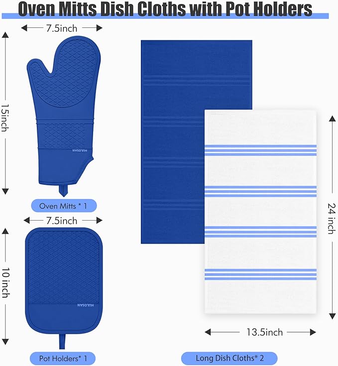 Oven Mitt and Pot Holders Sets, Quilted Cotton Terry Cloth,Non-Slip Pot Holder, Silicone Oven Mitt Heat Resistant, Oven Mittens 7.3"x14.2", Hot Pad 7"x10" & Dish Cloths 13"x25"