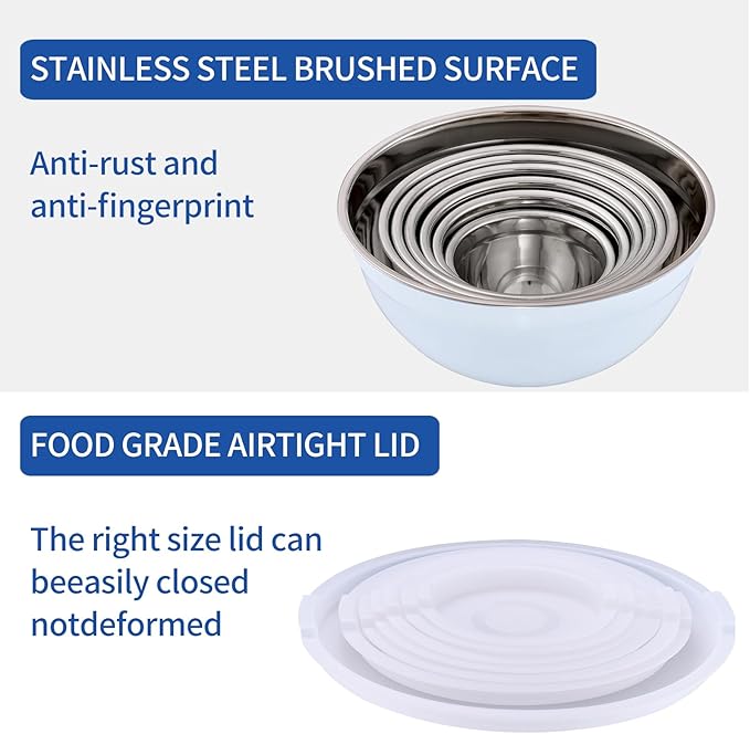 White Mixing Bowls with Airtight Lids, Stainless Steel Nesting Mixing Bowls Set of 7, Ideal for Baking, Prepping and Serving Food, Size 7, 3.6, 2.7, 2.1, 1.5, 1.1,0.8 QT, Stackable Design