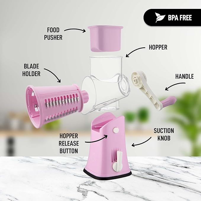 Zulay Kitchen Rotary Cheese Grater 5 Blade Cheese Shredder - Manual Hand Crank Cheese Grater With Reinforced Suction & 5 Interchangeable Drums - Easy to Use, Vegetable Chopper Round Mandoline Slicer