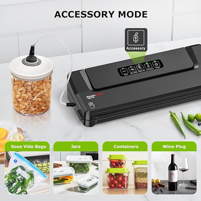 [Updated 2025] Bonsenkitchen Vacuum Sealer Machine + 5 Vacuum Bags, Fast-Compact/Multi-Functional Food Vacuum Sealer with External Vacuum System, Black