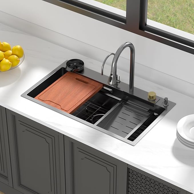 Lordear 33 Watefall Kitchen Sink Drop In - 33x19X9 Sink Stainless Steel 16 Gauge Single Bowl Multifunctional Workstation Sinks with Built-in Accessories,Glass Rinser and Faucet Included