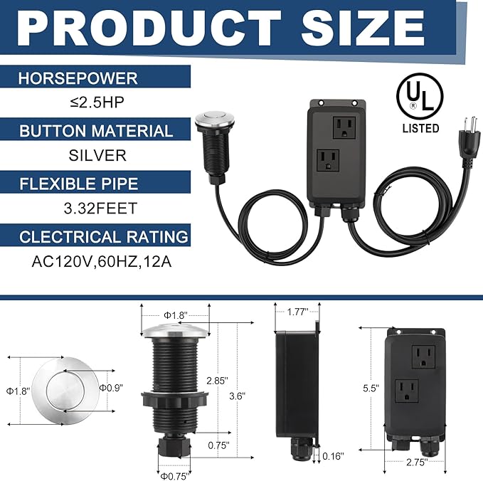 Garbage Disposal Air Switch Kit Dual Outlet Sink Top Waste Disposal On/off Stainless Steel Satin Nickel Button Extra Long Food and Waste Disposer, UL List(Silver)