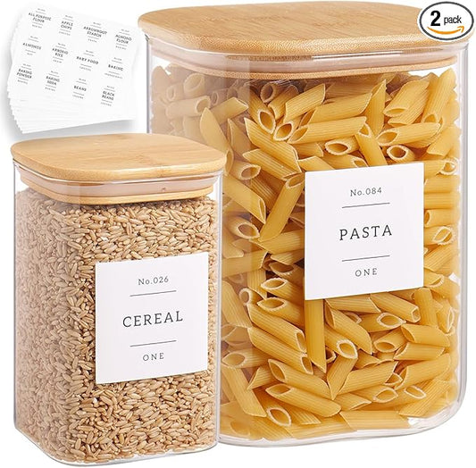 Glass Food Storage Containers with 132 Kitchen Pantry Labels, 110/37 oz Glass Flour and Sugar Containers with Airtight Lids, Large Square Glass Jars with Bamboo Lids for Rice, Pasta, Grains, Cookies