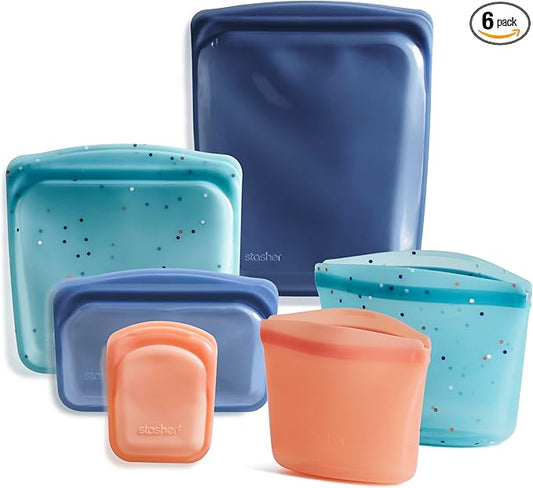 Stasher Premium Silicone Reusable Food Storage Bags, 6-Pack, Starter Kit, Sea Spray, Multi-Use Food Storage Bags, Lunch Bag, Travel Containers, BPA Free, Leak-free, Dishwasher-Safe, Eco-friendly