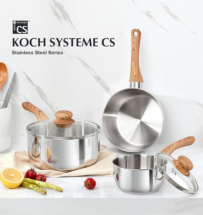 KOCH SYSTEME CS Stainless Steel Saucepan Set, 6 Piece Stainless Steel Pot 1QT & 2QT & 3QT with Heat-resistant Bakelite Handle, Tri-ply Base Pots, Sauce Pan Induction Ready, Pot Set 6PCS
