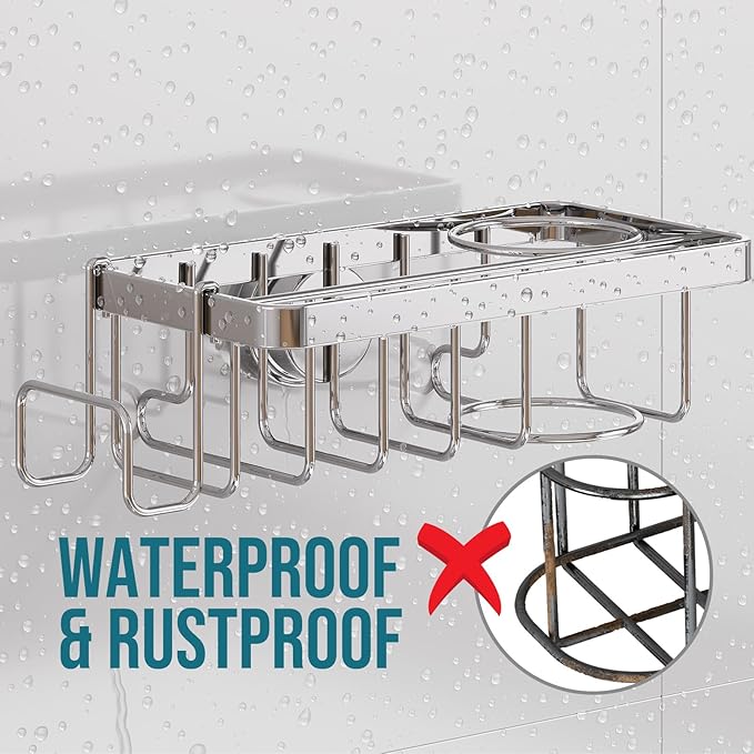 TAILI 4-in-1 Rustproof Sink Caddy & Sponge Holder with Removable Strong Suction Cup for Kitchen Sink - Silver