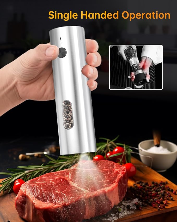 CIRCLE JOY Rechargeable Electric Salt and Pepper Grinder Set Automatic Stainless Steel Pepper Mill Grinders with Charging Base, Adjustable Coarseness, 110ml Container and Bright LED Light, Silver