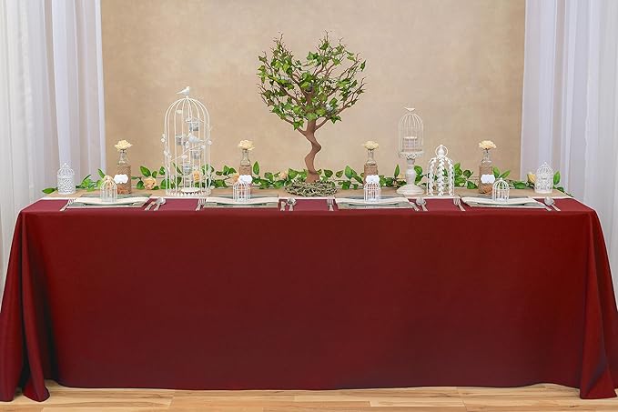 LTC LINENS 5-Pack Rectangular Tablecloths 90 In x 156 In with Rounded Corners - Burgundy Table Covers for 8 ft Table with Floor-Length Drop -Wrinkle Resistant Polyester Fabric Cloth for Wedding, Party