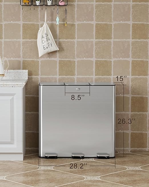 90L/23.8Gal Gallon Three-Compartment Pedal Stainless Steel Kitchen Recycling Trash Can with Odor Seal, Hands-Free Foot Operated Waste Bin for Home, Office, Restaurant, School, Hospital