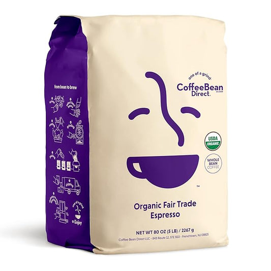 Coffee Bean Direct Organic Fair Trade Espresso, Whole Bean Coffee, Dark Roast, 5 Pound Bag (Pack of 1)