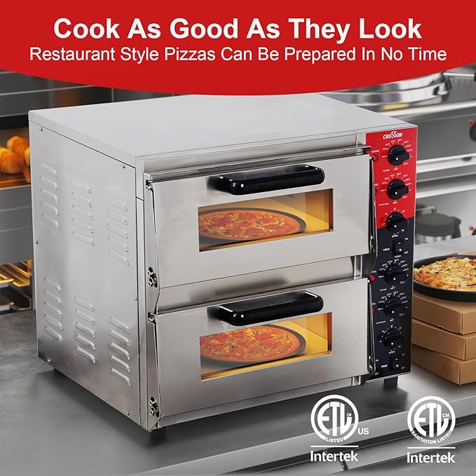 CROSSON ETL listed Commercial Double Deck 16 inch Countertop Electric Pizza Oven with pizza stone, Multipurpose Indoor Pizza oven for Restaurant use,120V/3200W