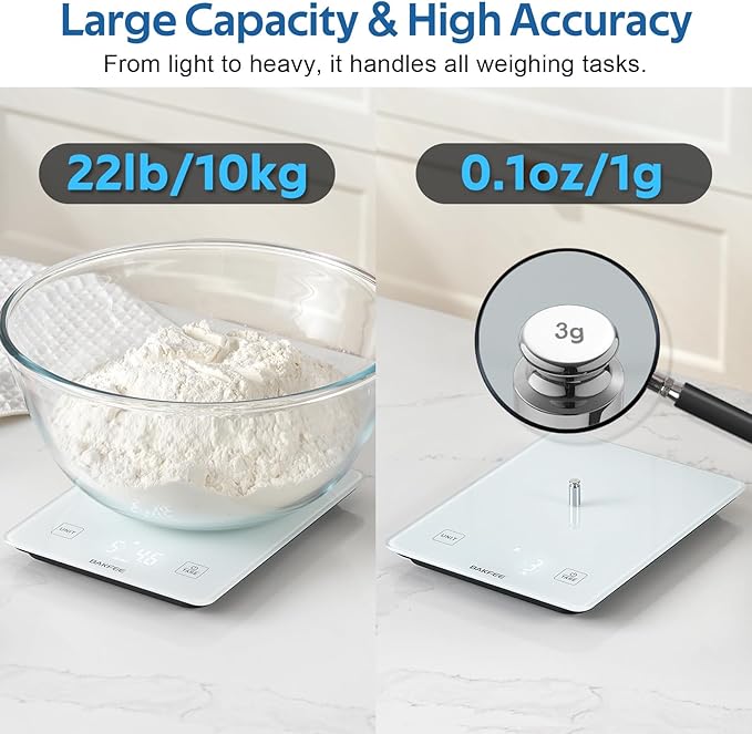 IP67 Waterproof Food Scale with Tempered Glass Surface, 22lb Kitchen Scale 1g Precision, USB Rechargeable, LED Display, Grams and Ounces, for Baking, Cooking, Making Sourdough Bread. White