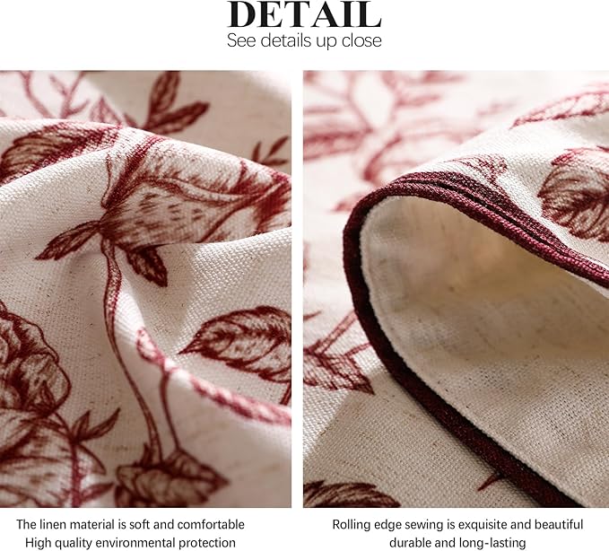 French Rectangular Tablecloth, Linen Table Cloth with Dark Red Floral Leaves and Birds Pattern, Heavy Durable Table Cover for Dining Kitchen Decor Party Christmas, 55" * 87"