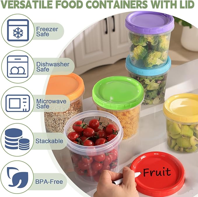 32 oz Plastic Containers with Lids, 6 Pack Stackable Freezer Soup Container, Reusable Clear Food Storage Meal Prep Containers for Snack Fruit, Microwave & Dishwasher Safe, with Pen & Brush
