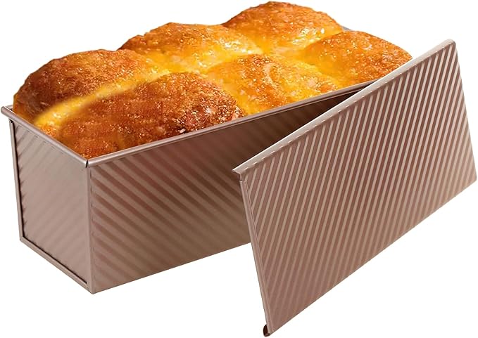 Non-Stick Pullman Loaf Pan with Lid 13x4 Inch - 2.2lb Carbon Steel Bread Baking Pan with 4 Vent Holes, Heavy Duty Sourdough Loaf Pan with Cover for Homemade Sandwich Bread (Gold)