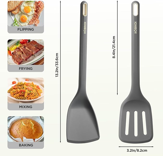 2 Pack Silicone Spatula, Heat Resistant 600°F Silicone Spatulas Set,Turner & Slotted Spatula for Non Stick Frying Pan, Food Grade Kitchen Utensils set for Flipping, Stir-Fry, Cooking & Baking