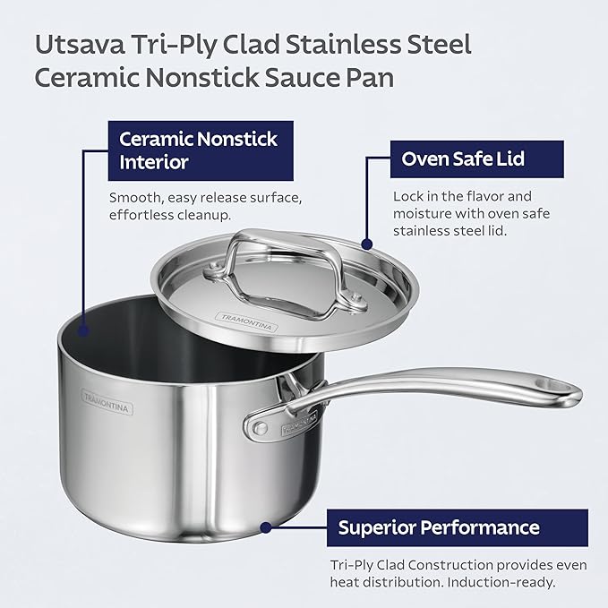Tramontina Utsava Tri-Ply Clad Stainless Steel 2.2-Quart Sauce Pan with Lid and Ceramic Non Stick Interior, Induction-Ready Small Saucepan