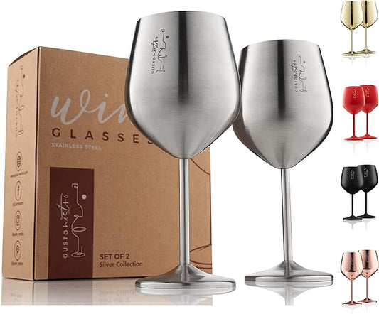 Gusto Nostro Stainless Steel Wine Glass - 18 oz - Cute, Unbreakable Wine Glasses for Travel, Camping and Pool - Fancy, Unique and Cool Portable Metal Wine Glass for Outdoor Events, Picnics (Set of 2)