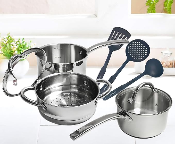 Stainless Steel Saucepan Glass Lid Casting Steel handle Induction Impact Bonded 8 PCS Set Steamer