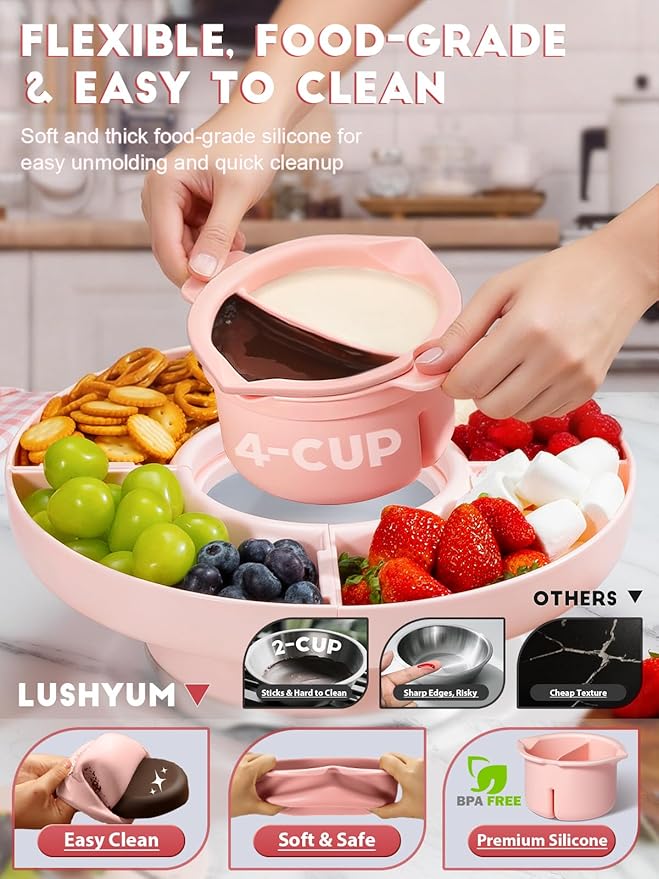 Chocolate Fondue Pot Set Electric Melting Machine, 4-Cup Capacity 4 Trays 5 Forks 1 Spatula Cheese Warmer, Ideal Gift for Couple Family & Date Night Idea House Warming Holidays Essentials