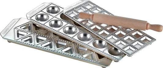 Imperia Ravioli Maker Set- Includes 3 Trays & Wooden Rolling Pin- Pasta Machine Accessory for Filled Ravioli- Durable Aluminum Construction- Press Makes 3 Different Shapes- Homemade Italian Cooking