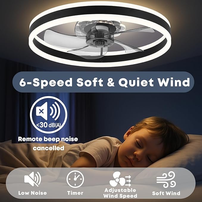 23.6'' Ceiling Fan with Light, Upgraded Low Profile Fan, Flush Mount Ceiling Fan, 6 Speeds, Dimmable LED, App & Remote Control, Quiet DC Motor, for Bedroom, Living Room, F105 Black