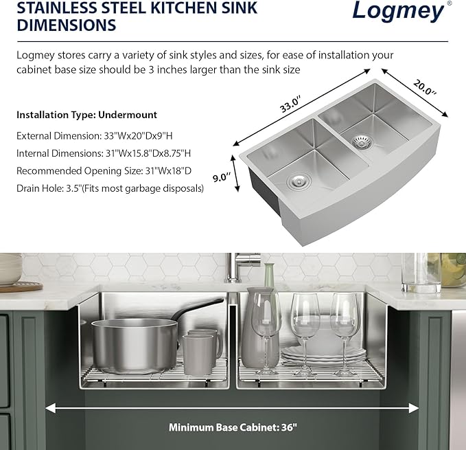 Logmey 33 inch Double Bowl Farmhouse Sink - 33x20 16 Gauge Stainless Steel Farm Sink Apron Front 50/50 Farm Kitchen Sinks