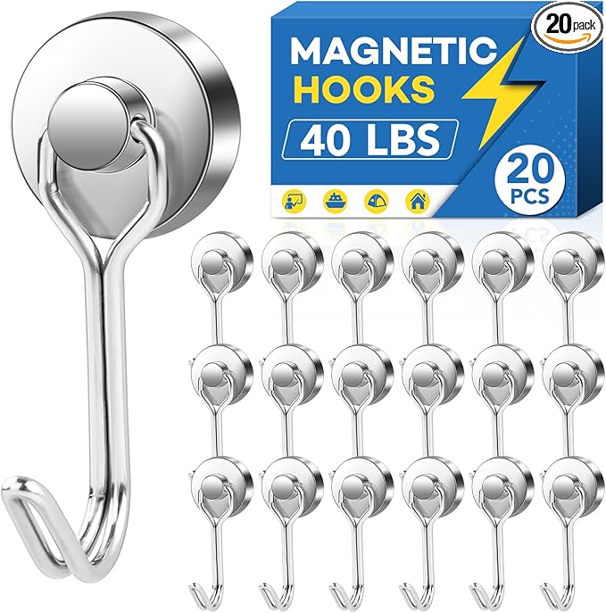LOVIMAG Hooks, 40lbs+ Magnetic Magnet Hook 2025 Cruise Cabin Ship Essentials Heavy Duty Strong Refrigerator Fridge Hanging for Classroom Beach Vacation Kitchen Grills Home Mug Hanger (20 Pack), Silver