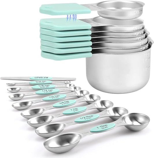 Magnetic Measuring Cups and Spoons Set-Heavy Duty 304 Stainless Steel，Double Measurement Markings，Set of 16 with Leveler for Measure Dry and Liquid Ingredients (Mint)