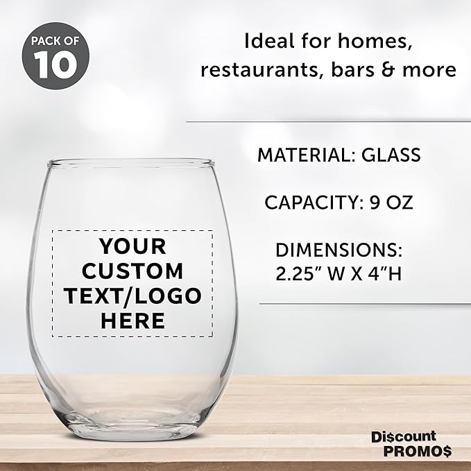 Custom Stemless Wine Glass 9 oz. Set of 10, Personalized Bulk Pack - Great for Wedding Favors, Bachelorette Party Decorations, Party Favors, Color Bottom - Clear