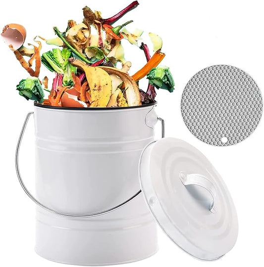 Compost Bin for Kitchen Counter, LALASTAR Small Metal Compost Bin Indoor Kitchen Sealed with Lid for Food Waste, Countertop Composter Container, White, 1 Gallon