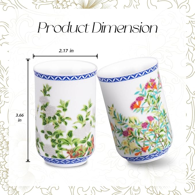 KAMMAK Asian Tea Cups Set of 2, 4.23oz Mini Ceramic & Porcelain Tea Mugs - Dishwasher Safe, Non-Toxic Handcrafted Cups for Juice, Coffee, Gift