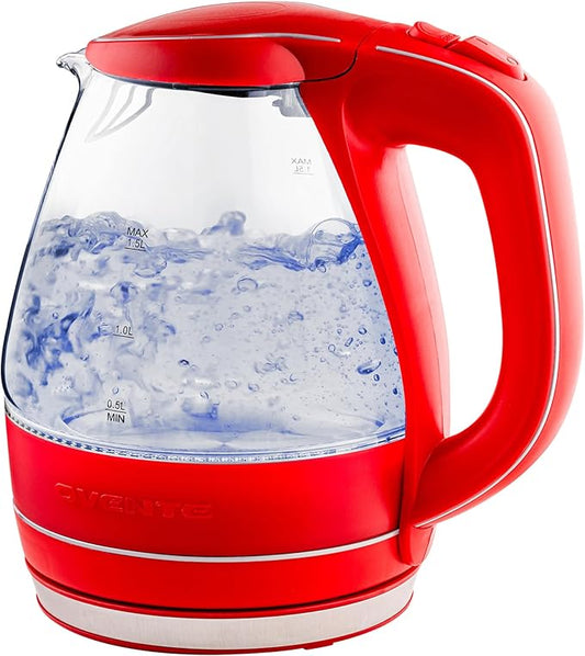 OVENTE Electric Kettle, 1.5L Borosilicate Glass Countertop Water Heater and Boiler for Coffee or Tea, BPA-Free, Auto Shut-Off, Boil-Dry Protection, Removable and Washable Spout Filter, Red KG83R