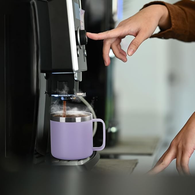 VEGOND 14 oz Insulated Coffee Mug Bulk with Handle, Stainless Steel Travel Coffee Mug with Lid, Double Wall Vacuum Metal Coffee Cup, Coffee Tumbler Powder Coated, Purple 4 Pack
