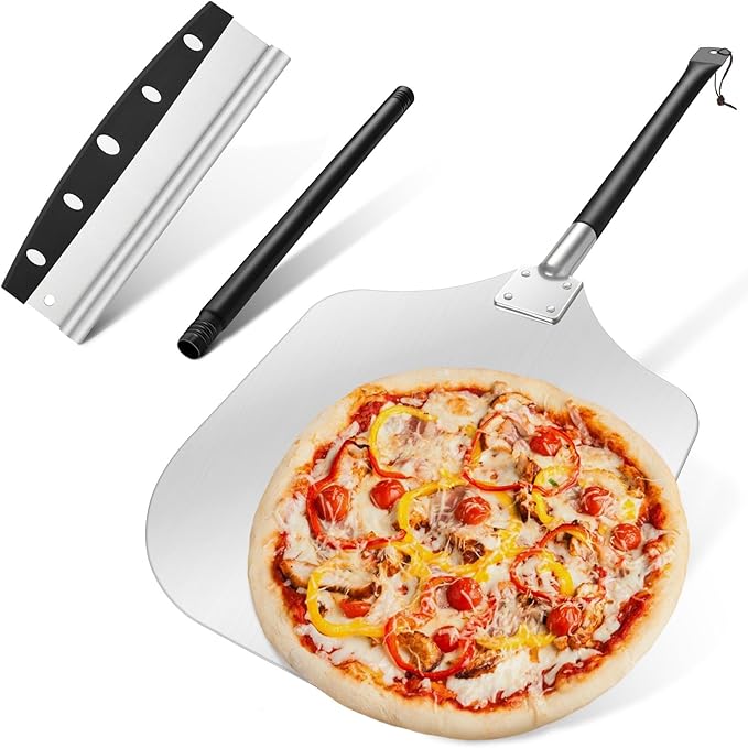 Leonyo 12IN Pizza Peel with Cutter, Aluminum Pizza Turning Peel Spatula Paddle in Long Adjustable Handle with Cutter Rocker(Extent Length 38.5IN to 49IN)