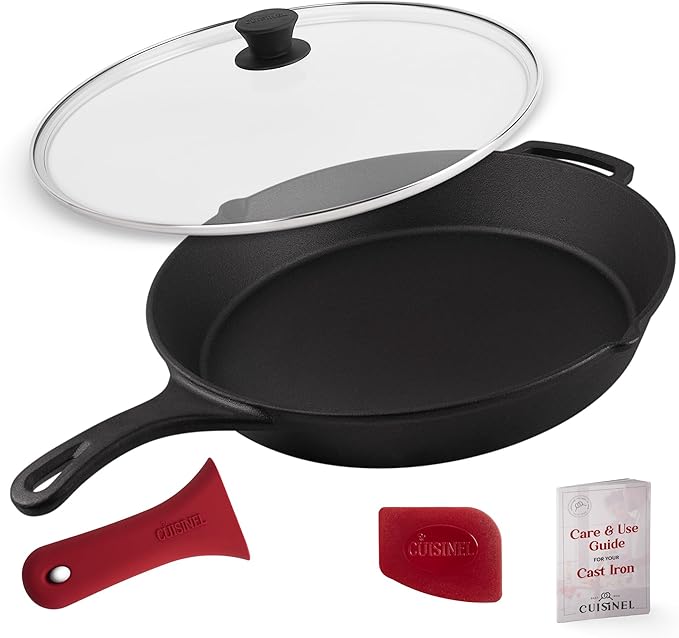 Cuisinel Cast Iron Skillet with Glass Lid Cover - Large 15"-inch Frying Pan + Red Scraper + Silicone Handle Grip - Pre-seasoned Kitchen Cookware - Indoor/Outdoor - Camping, Grilling, BBQ, Oven Use