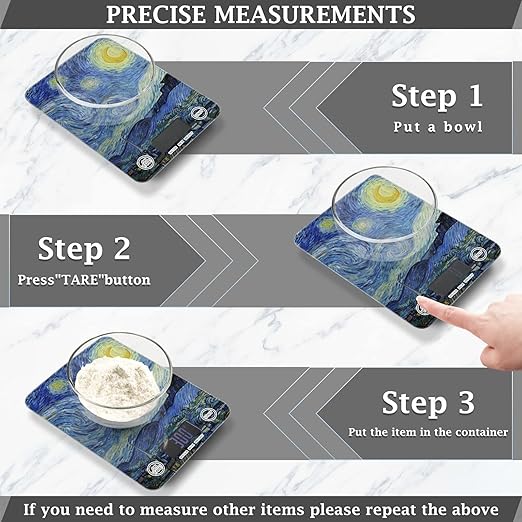 Food Scale Kitchen Digital Scale Food Ounces and Grams Dieting Baking Cooking Waterproof Glass Panels LCD Display,4 Units Scale Tare Function Vangogh Starry Night