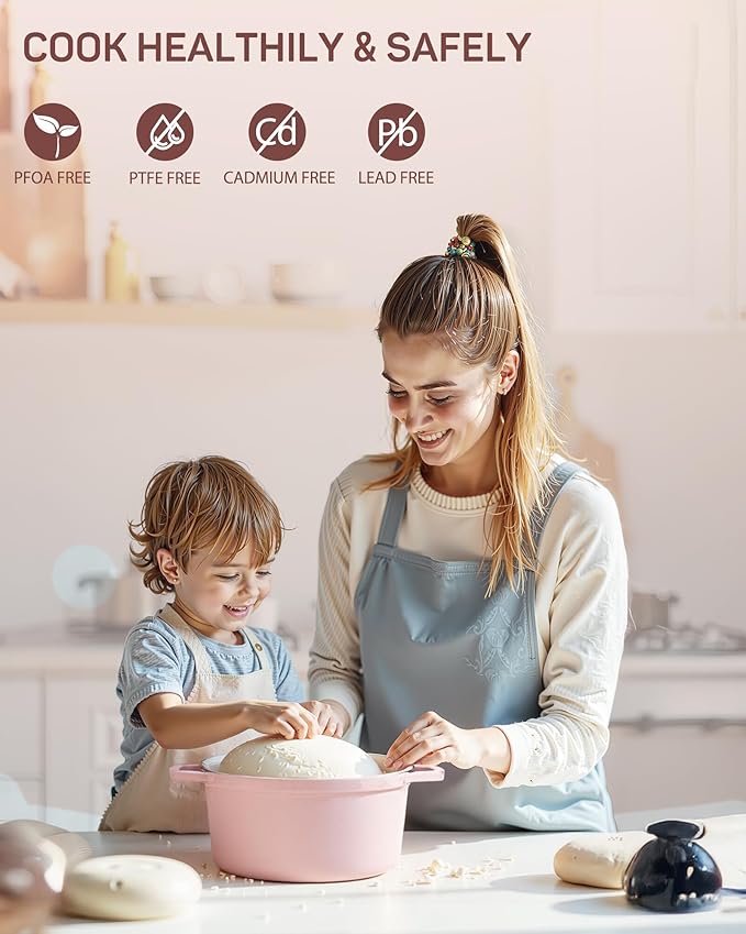 6 QT Dutch Oven Pot with Lid, Enameled Cast Iron Dutch Oven for Bread Making, Braiser, Cooking, Dual Handles, Oven Safe up to 500° F or on Stovetop, Gifts for Family - Pink