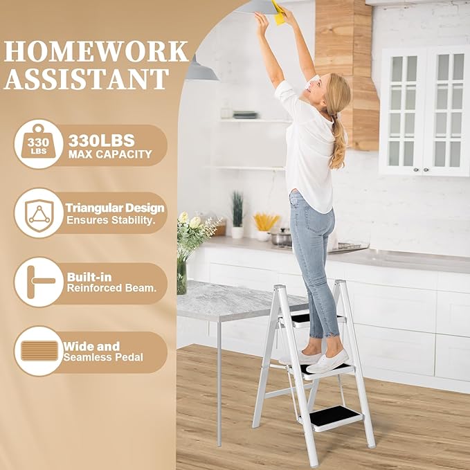 HBTower 3 Step Ladder Folding Step Stool, 330 Lbs Capacity Step Stool for Adults, Closet Step Stool Ladder with Anti-Slip Wide Pedals Household Office, White