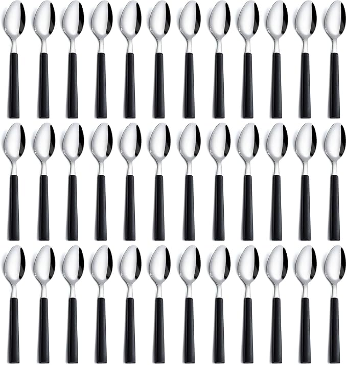 Pleafind 36Pcs Dessert Spoons Set (7.4 inches), Stainless Steel Mirror Polished Spoon with Black Frosted Handle, Spoons Silverware for Home, Kitchen, Restaurant, Dishwasher Safe