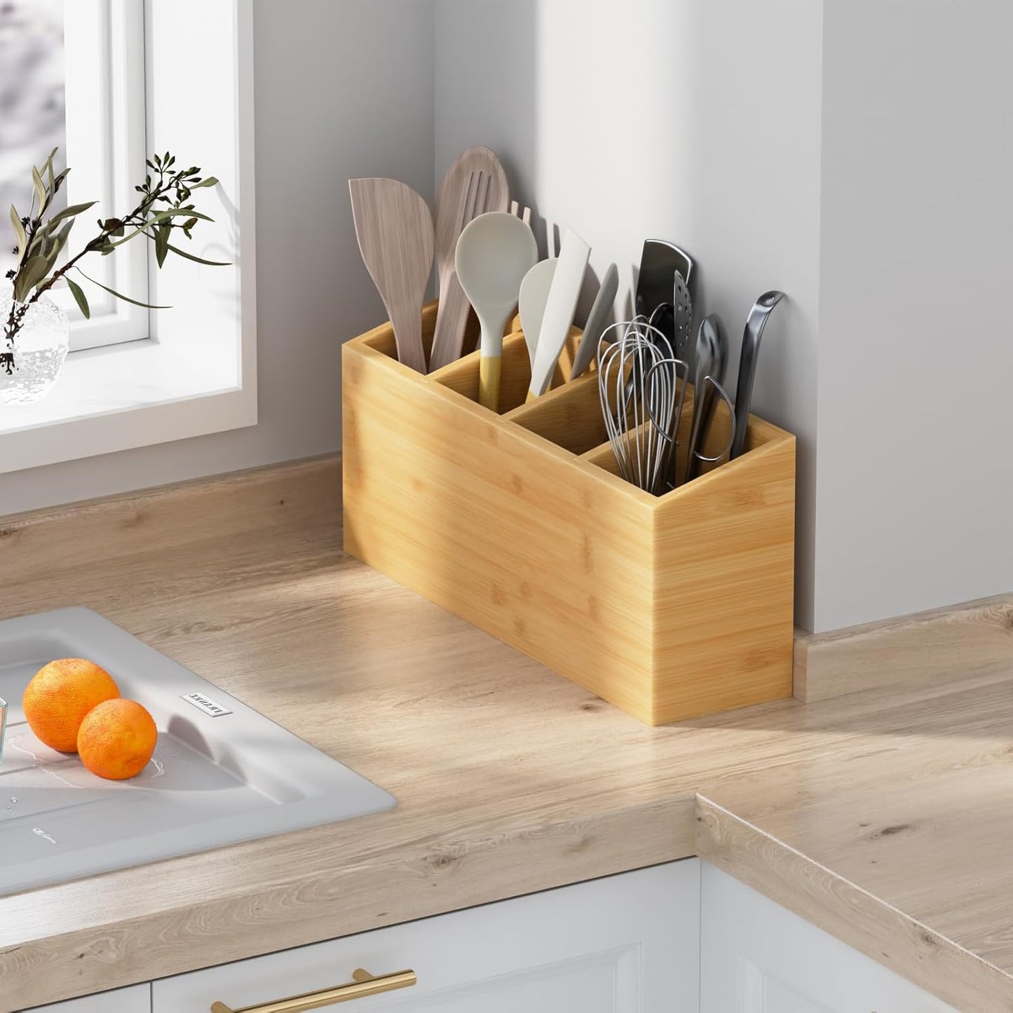 Wingsife Utensils Holder with 4 Compartments, Bamboo Utensil Organizer for Kitchen Countertop, Silverware Caddy Cutlery Holder for Flatware Fork Spoon Spatula, Cooking Utensil (Classic)