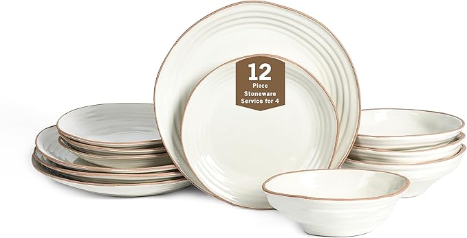 Stone Lain Nami 12-Piece Dinnerware - Stoneware, Plates and Bowls Set, Microwave and Dishwasher Safe, Dish for 4, White