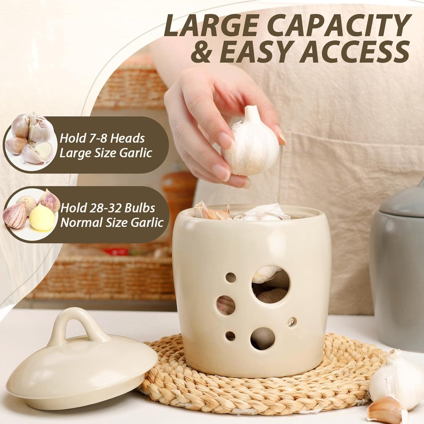 BosilunLife Ceramic Garlic Keeper - Garlic Storage Container with Lid Grey Garlic Jar for Kitchen Garlic Holder Countertop to Keep Your Garlic Cloves Fresh Longer