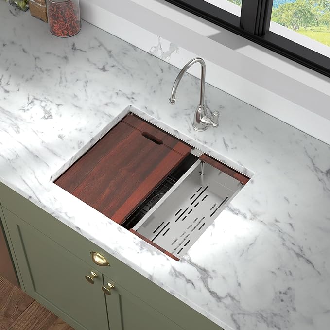 Mocoloo 24 Inch Undermount Kitchen Sink - 24 x 19 Bar Sinks Stainless Steel 16 Gauge Single Bowl Under Counter Small Kitchen Sink Workstation 10'' Deep Handmade Basin