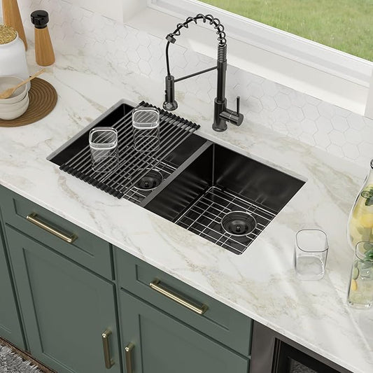 Logmey 33 Inch Double Bowl Undermount Kitchen Sink 33x19x9 Inch 50/50 Gunmetal Black Nano Coating Stainless Steel 16 Gauge Handmade Kitchen Sink