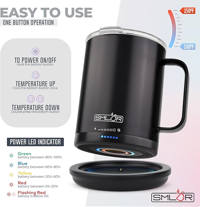 SMLDR Pro Heated Mug, 14 oz Smart Coffee Mug, Self-Heating, Adjustable Temperature, Battery Powered, Great for Coffee & Tea, Excellent Gift (Black)